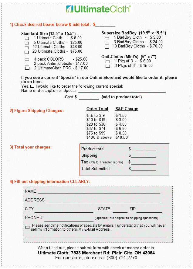 Ultimate Cloth® - purchase cloths by mail form